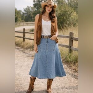 WOMEN'S BACCINI STRETCH DENIM MAXI MODEST SKIRT 14W POCKETS COTTAGE WESTERN Y2K